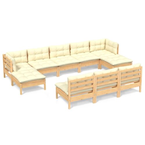 10-Piece Garden Lounge Set with Cream Cushions Pine Wood Outdoor Patio Furniture