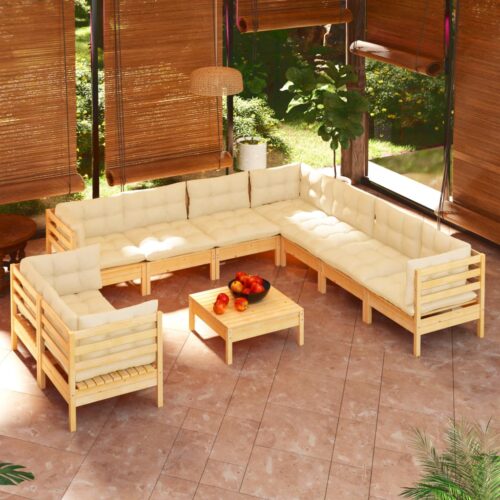 10-Piece Garden Lounge Set with Cream Cushions Pine Wood Outdoor Patio Furniture - Image 8