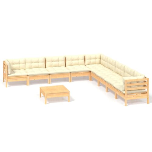 10-Piece Garden Lounge Set with Cream Cushions Pine Wood Outdoor Patio Furniture