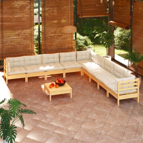 10-Piece Garden Lounge Set with Cream Cushions Pine Wood Outdoor Patio Furniture - Image 8