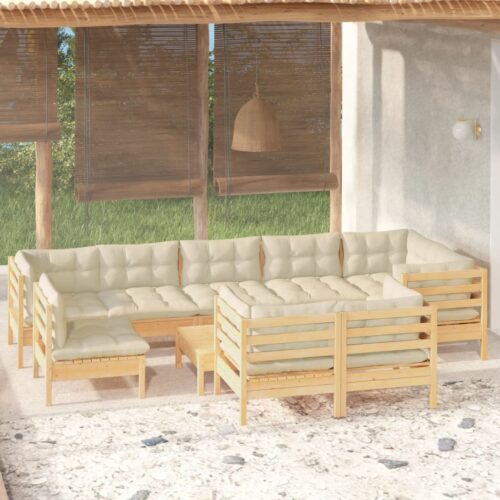 10-Piece Garden Lounge Set with Cream Cushions Pine Wood Outdoor Patio Furniture - Image 8