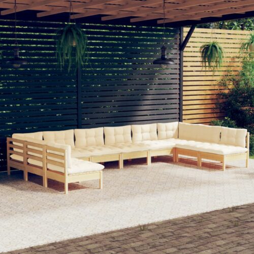 10-Piece Garden Lounge Set with Cream Cushions Pine Wood Outdoor Patio Furniture - Image 6
