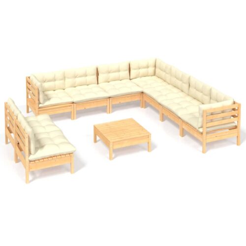 10-Piece Garden Lounge Set with Cream Cushions Pine Wood Outdoor Patio Furniture