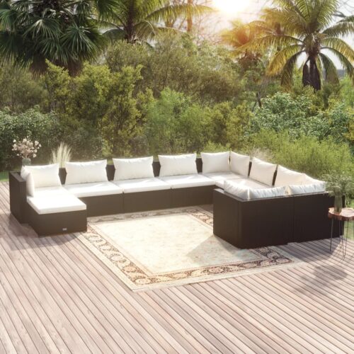 10-Piece Garden Lounge Set with Cushions Poly Rattan Wicker Outdoor Patio Furniture Black - Image 11