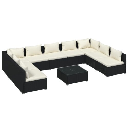 10-Piece Garden Lounge Set with Cushions Poly Rattan Wicker Outdoor Patio Furniture Black