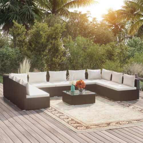 10-Piece Garden Lounge Set with Cushions Poly Rattan Wicker Outdoor Patio Furniture Black - Image 11