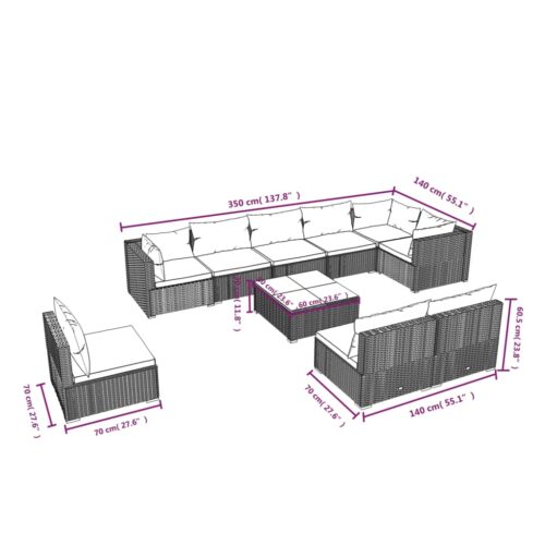10-Piece Garden Lounge Set with Cushions Poly Rattan Wicker Outdoor Patio Furniture Black - Image 5