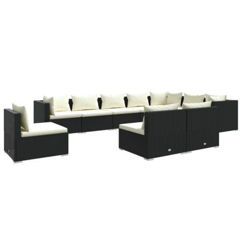 10-Piece Garden Lounge Set with Cushions Poly Rattan Wicker Outdoor Patio Furniture Black