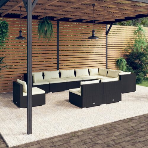 10-Piece Garden Lounge Set with Cushions Poly Rattan Wicker Outdoor Patio Furniture Black - Image 7