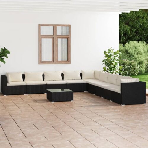 10-Piece Garden Lounge Set with Cushions Poly Rattan Wicker Outdoor Patio Furniture Black - Image 9