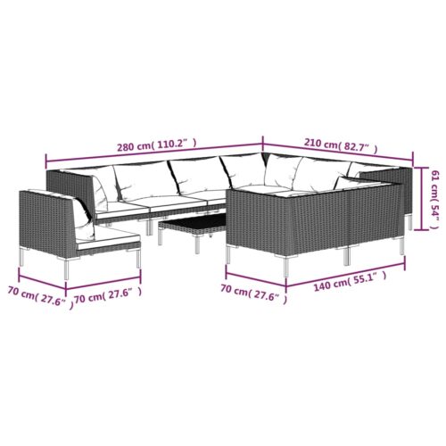 10-Piece Garden Lounge Set with Cushions Poly Rattan Wicker Outdoor Patio Furniture Dark Grey - Image 8