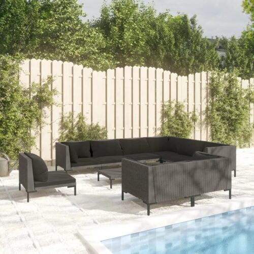 10-Piece Garden Lounge Set with Cushions Poly Rattan Wicker Outdoor Patio Furniture Dark Grey - Image 11