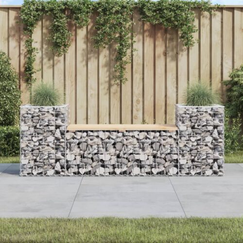 Gabion Garden Bench Outdoor Patio Wooden Park Seat Chair Steel Solid Pine Wood - Image 2