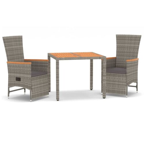 3-Piece Garden Dining Set with Cushions Grey Poly Rattan Wicker Outdoor Patio Furniture