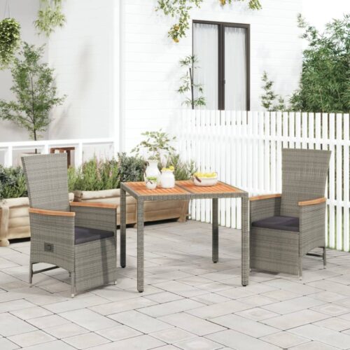 3-Piece Garden Dining Set with Cushions Grey Poly Rattan Wicker Outdoor Patio Furniture - Image 2