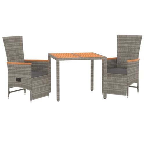 3-Piece Garden Dining Set with Cushions Grey Poly Rattan Wicker Outdoor Patio Furniture - Image 3