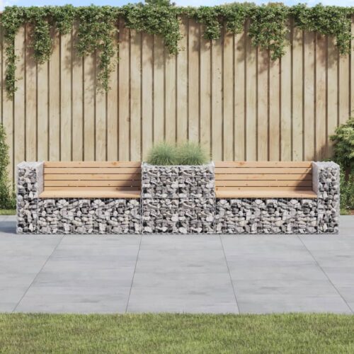 Gabion Garden Bench Outdoor Patio Wooden Park Seat Chair Steel Solid Pine Wood - Image 2