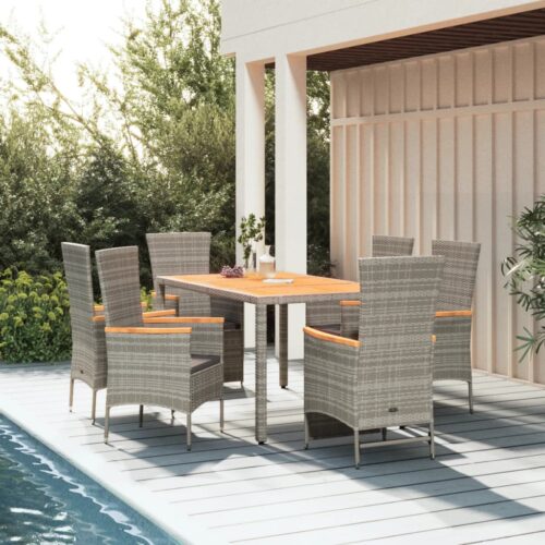 7-Piece Garden Dining Set with Cushions Grey Poly Rattan Wicker Outdoor Patio Furniture - Image 2
