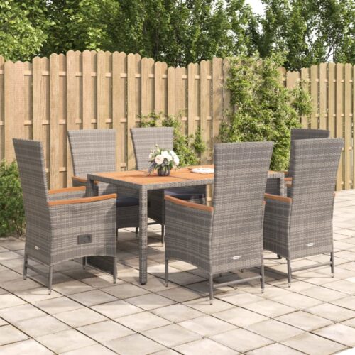 7-Piece Garden Dining Set with Cushions Grey Poly Rattan Wicker Outdoor Patio Furniture - Image 2