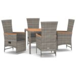 5-Piece Garden Dining Set with Cushions Grey Poly Rattan Wicker Outdoor Patio Furniture
