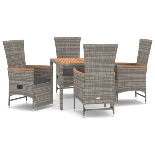 5-Piece Garden Dining Set with Cushions Grey Poly Rattan Wicker Outdoor Patio Furniture