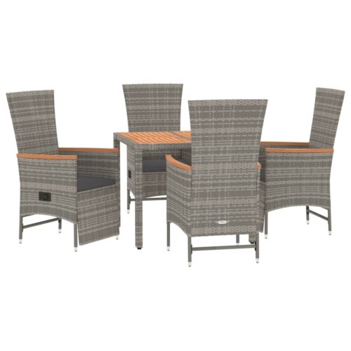 5-Piece Garden Dining Set with Cushions Grey Poly Rattan Wicker Outdoor Patio Furniture - Image 3