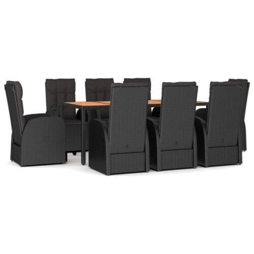 9-Piece Garden Dining Set with Cushions Black Poly Rattan Wicker Outdoor Patio Furniture