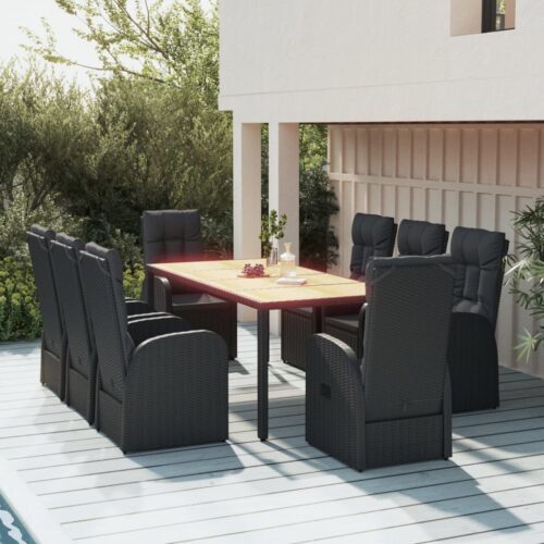 9-Piece Garden Dining Set with Cushions Black Poly Rattan Wicker Outdoor Patio Furniture - Image 2