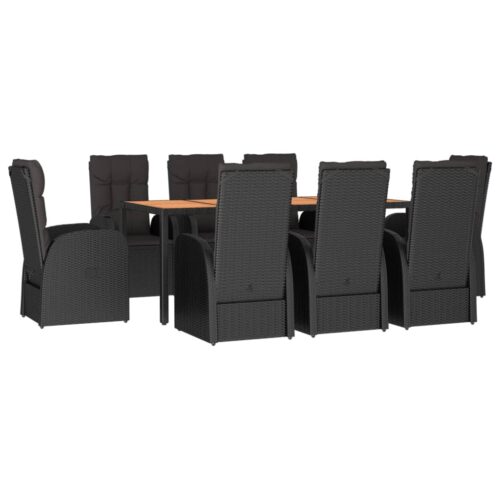 9-Piece Garden Dining Set with Cushions Black Poly Rattan Wicker Outdoor Patio Furniture - Image 3
