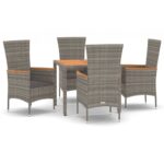 5-Piece Garden Dining Set with Cushions Grey Poly Rattan Wicker Outdoor Patio Furniture