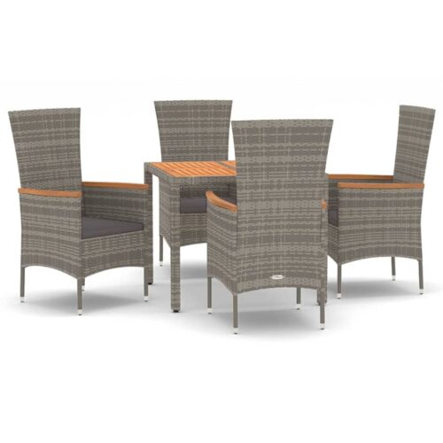 5-Piece Garden Dining Set with Cushions Grey Poly Rattan Wicker Outdoor Patio Furniture