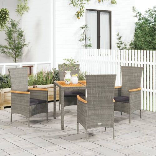 5-Piece Garden Dining Set with Cushions Grey Poly Rattan Wicker Outdoor Patio Furniture - Image 2