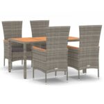 5-Piece Garden Dining Set with Cushions Grey Poly Rattan Wicker Outdoor Patio Furniture