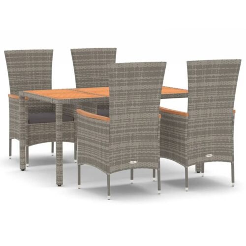 5-Piece Garden Dining Set with Cushions Grey Poly Rattan Wicker Outdoor Patio Furniture
