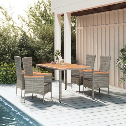 5-Piece Garden Dining Set with Cushions Grey Poly Rattan Wicker Outdoor Patio Furniture - Image 2