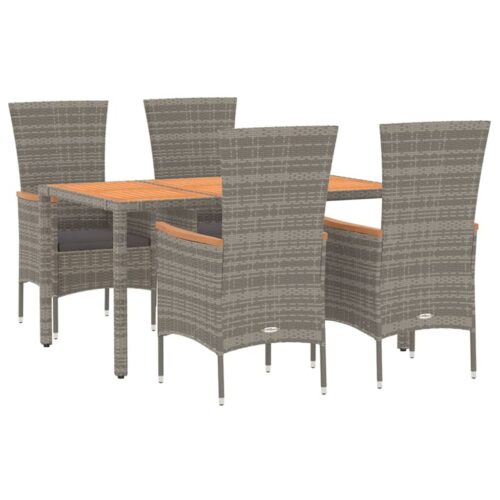 5-Piece Garden Dining Set with Cushions Grey Poly Rattan Wicker Outdoor Patio Furniture - Image 3