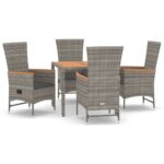 5-Piece Garden Dining Set with Cushions Grey Poly Rattan Wicker Outdoor Patio Furniture
