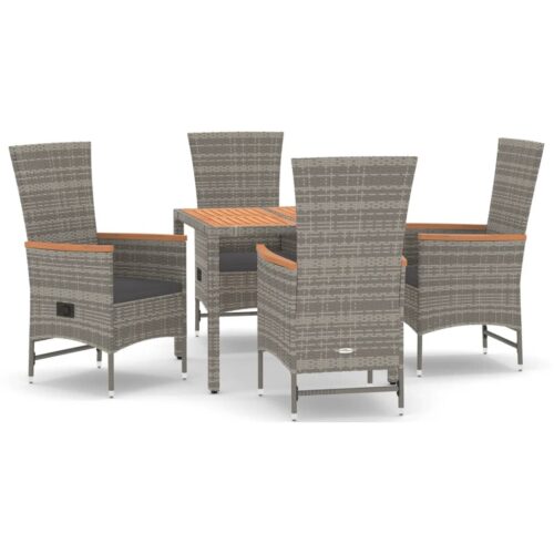 5-Piece Garden Dining Set with Cushions Grey Poly Rattan Wicker Outdoor Patio Furniture