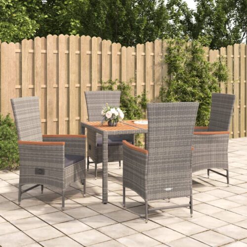 5-Piece Garden Dining Set with Cushions Grey Poly Rattan Wicker Outdoor Patio Furniture - Image 2