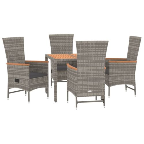 5-Piece Garden Dining Set with Cushions Grey Poly Rattan Wicker Outdoor Patio Furniture - Image 3