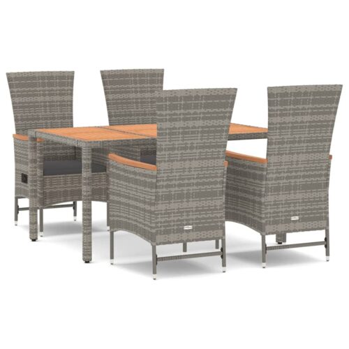 5-Piece Garden Dining Set with Cushions Grey Poly Rattan Wicker Outdoor Patio Furniture