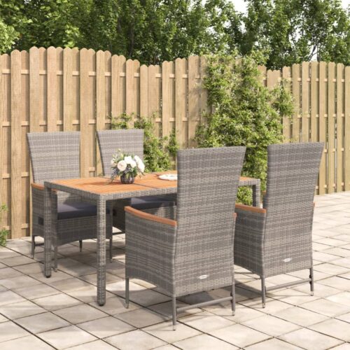 5-Piece Garden Dining Set with Cushions Grey Poly Rattan Wicker Outdoor Patio Furniture - Image 2