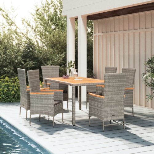 7-Piece Garden Dining Set with Cushions Grey Poly Rattan Wicker Outdoor Patio Furniture - Image 2