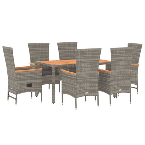 7-Piece Garden Dining Set with Cushions Grey Poly Rattan Wicker Outdoor Patio Furniture - Image 3