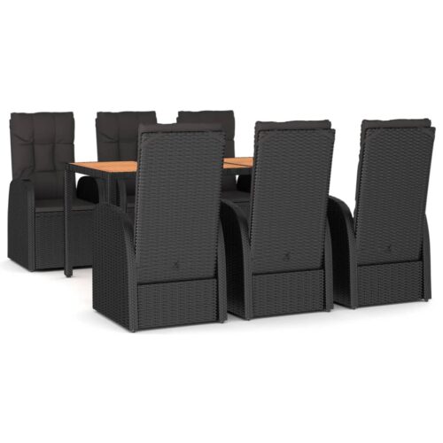 7-Piece Garden Dining Set with Cushions Black Poly Rattan Wicker Outdoor Patio Furniture
