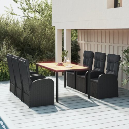 7-Piece Garden Dining Set with Cushions Black Poly Rattan Wicker Outdoor Patio Furniture - Image 2