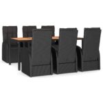 7-Piece Garden Dining Set with Cushions Black Poly Rattan Wicker Outdoor Patio Furniture