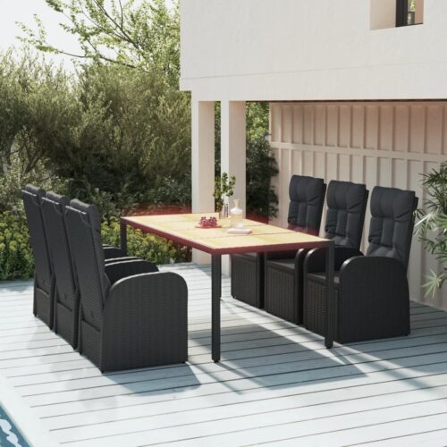 7-Piece Garden Dining Set with Cushions Black Poly Rattan Wicker Outdoor Patio Furniture - Image 2