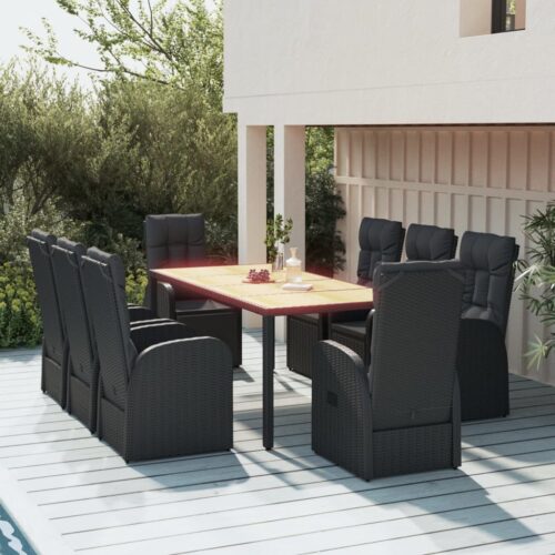 9-Piece Garden Dining Set with Cushions Black Poly Rattan Wicker Outdoor Patio Furniture - Image 2