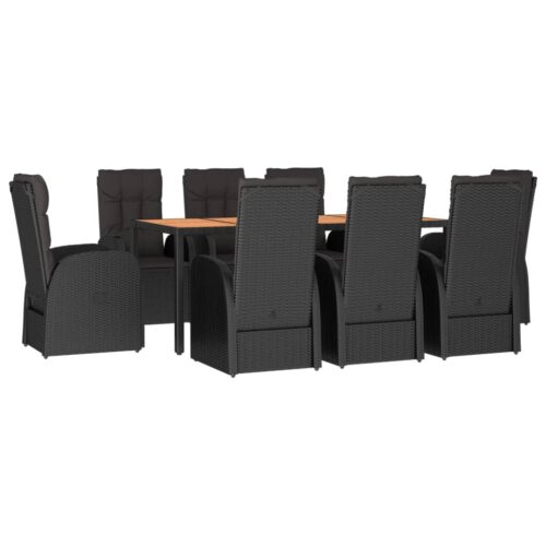 9-Piece Garden Dining Set with Cushions Black Poly Rattan Wicker Outdoor Patio Furniture - Image 3